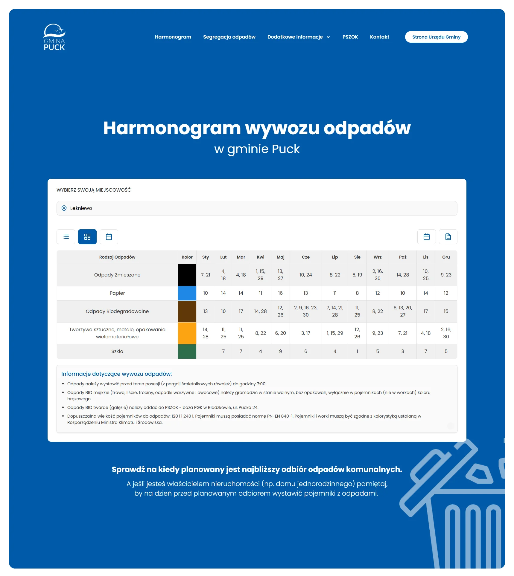 Widok tabela — harmonogram odpadów